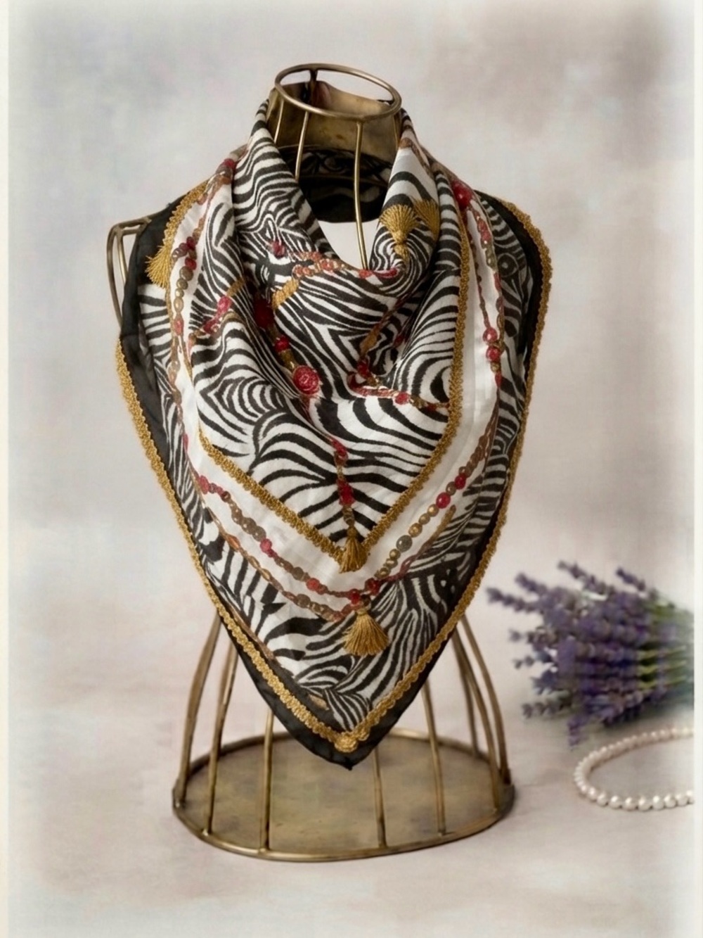 Simon Chang Zebra & Chain Print Silk-Feel Square Scarf